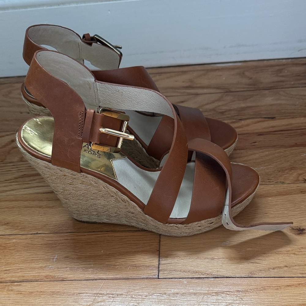 Michael Kors Tan Leather Espadrille Wedge Sandals with Gold Buckle
